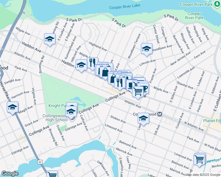 map of restaurants, bars, coffee shops, grocery stores, and more near in Collingswood