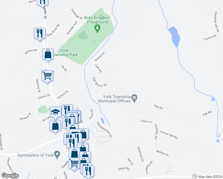 map of restaurants, bars, coffee shops, grocery stores, and more near 110 Oak Ridge Lane in Dallastown