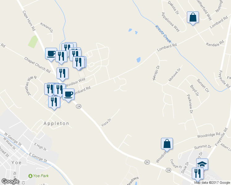 map of restaurants, bars, coffee shops, grocery stores, and more near 830 Lombard Rd in Red Lion