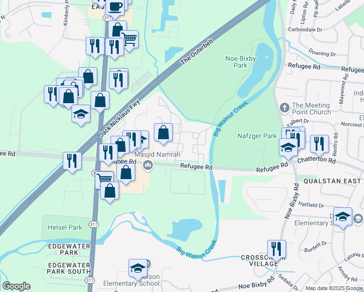 map of restaurants, bars, coffee shops, grocery stores, and more near 4599 Wordsworth Court in Columbus