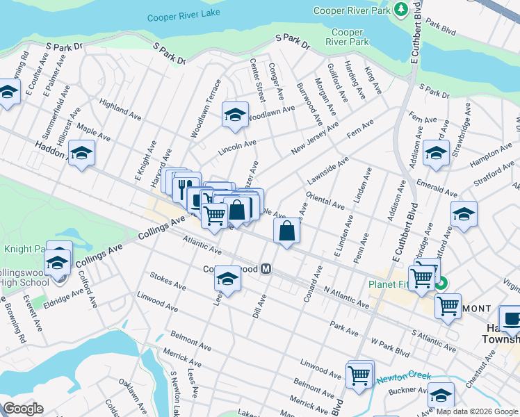 map of restaurants, bars, coffee shops, grocery stores, and more near Maple Ave & Fern Ave in Collingswood