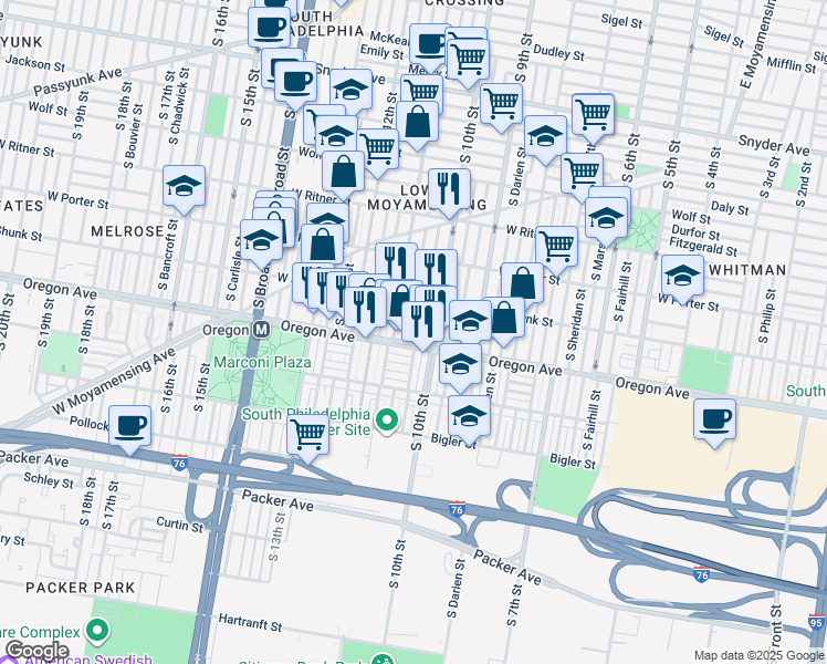 map of restaurants, bars, coffee shops, grocery stores, and more near 2645 South Warnock Street in Philadelphia
