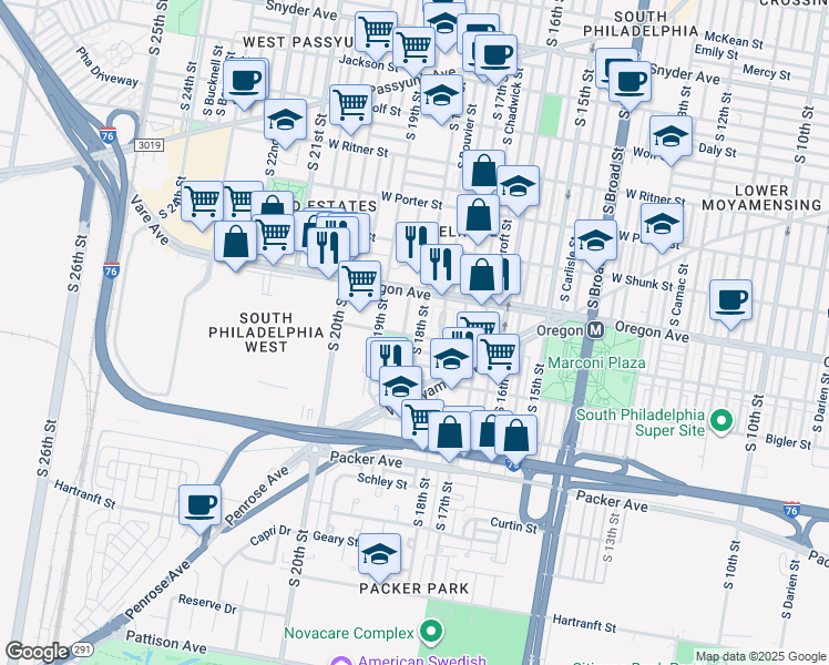 map of restaurants, bars, coffee shops, grocery stores, and more near 2750 South 18th Street in Philadelphia