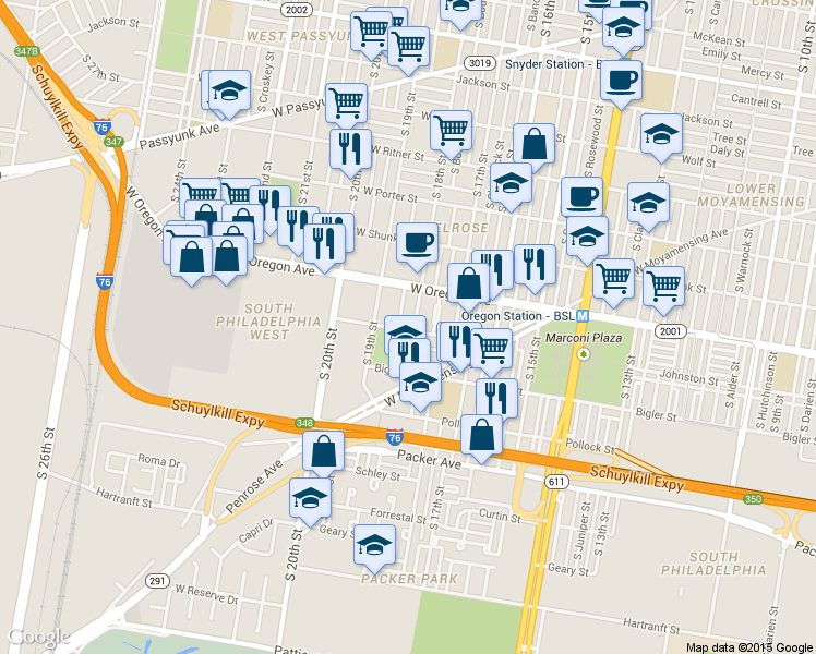 map of restaurants, bars, coffee shops, grocery stores, and more near 2750 S 18th St in Philadelphia