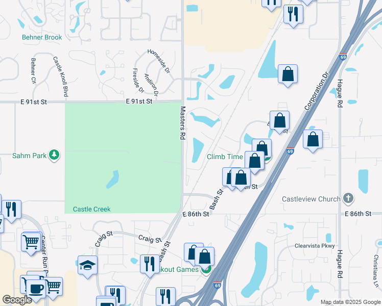 map of restaurants, bars, coffee shops, grocery stores, and more near 8845 Doral West Drive in Indianapolis