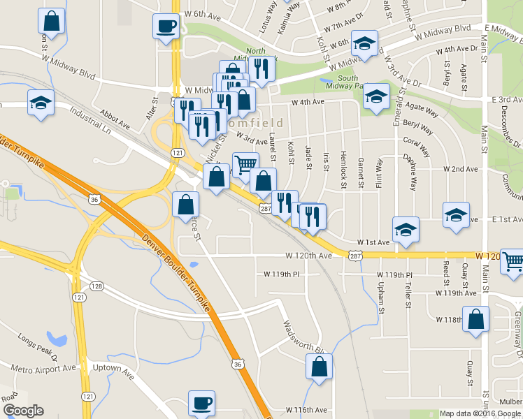 map of restaurants, bars, coffee shops, grocery stores, and more near 1350 U.S. 287 in Broomfield