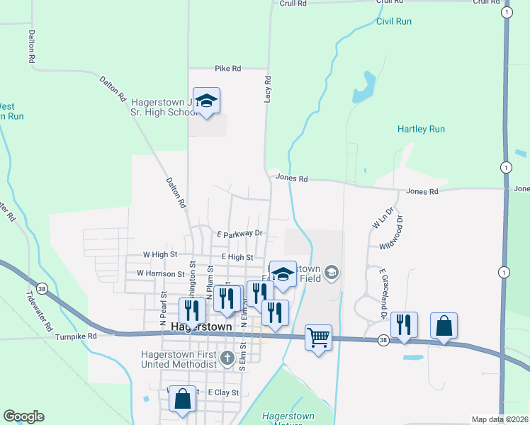 map of restaurants, bars, coffee shops, grocery stores, and more near 550 North Sycamore Street in Hagerstown