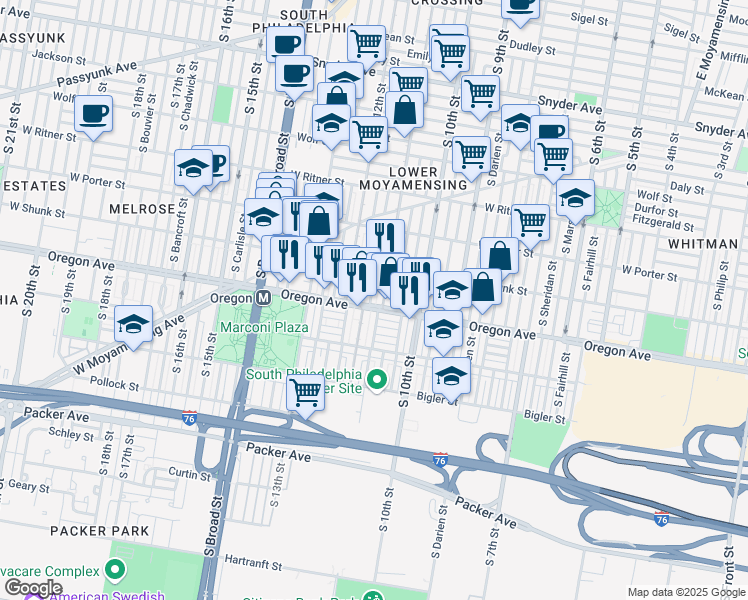 map of restaurants, bars, coffee shops, grocery stores, and more near 2649 South Jessup Street in Philadelphia