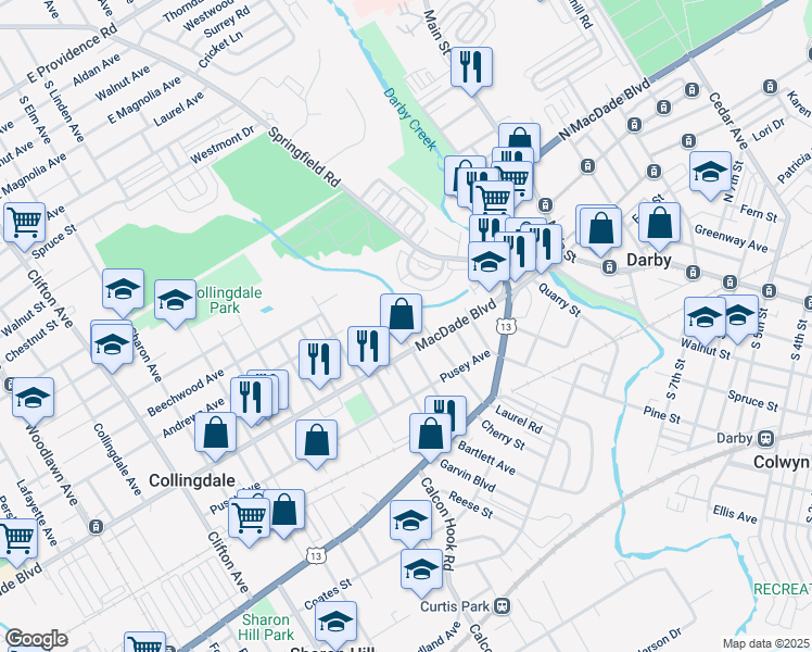 map of restaurants, bars, coffee shops, grocery stores, and more near 209 Staley Avenue in Collingdale