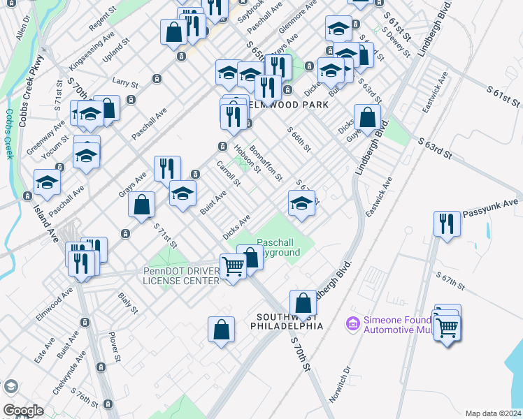 map of restaurants, bars, coffee shops, grocery stores, and more near 6820 Dicks Avenue in Philadelphia