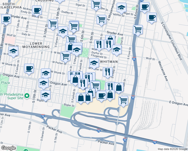 map of restaurants, bars, coffee shops, grocery stores, and more near 408 Vollmer Street in Philadelphia