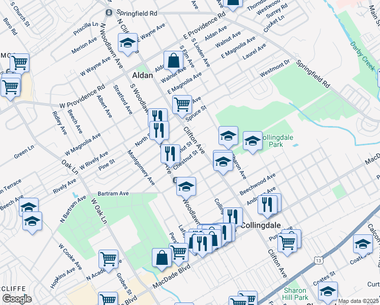 map of restaurants, bars, coffee shops, grocery stores, and more near 811 Chestnut Street in Collingdale