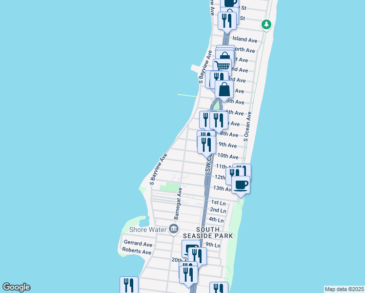 map of restaurants, bars, coffee shops, grocery stores, and more near 202 10th Avenue in Seaside Park
