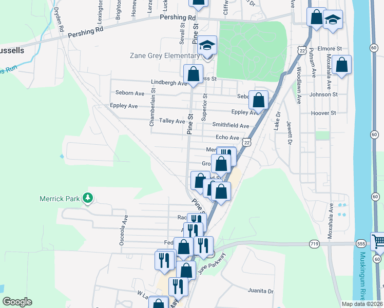map of restaurants, bars, coffee shops, grocery stores, and more near 1512 Pine Street in Zanesville