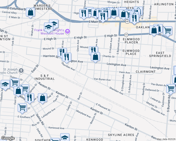 map of restaurants, bars, coffee shops, grocery stores, and more near 1603 Irwin Avenue in Springfield