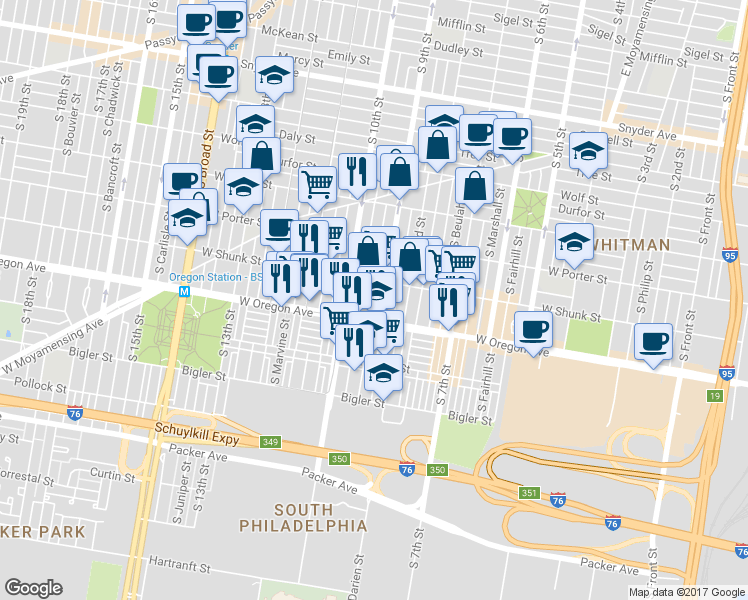 map of restaurants, bars, coffee shops, grocery stores, and more near 2629 South Percy Street in Philadelphia
