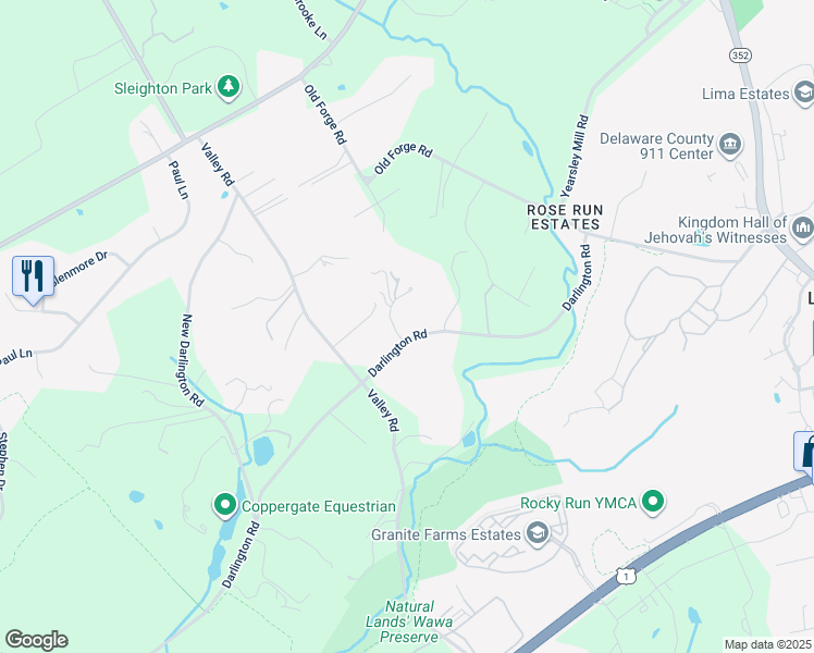 map of restaurants, bars, coffee shops, grocery stores, and more near 301 Bowers Lane in Media