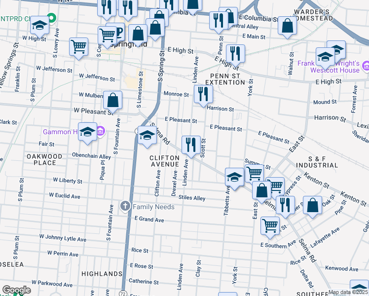 map of restaurants, bars, coffee shops, grocery stores, and more near 316 Selma Road in Springfield