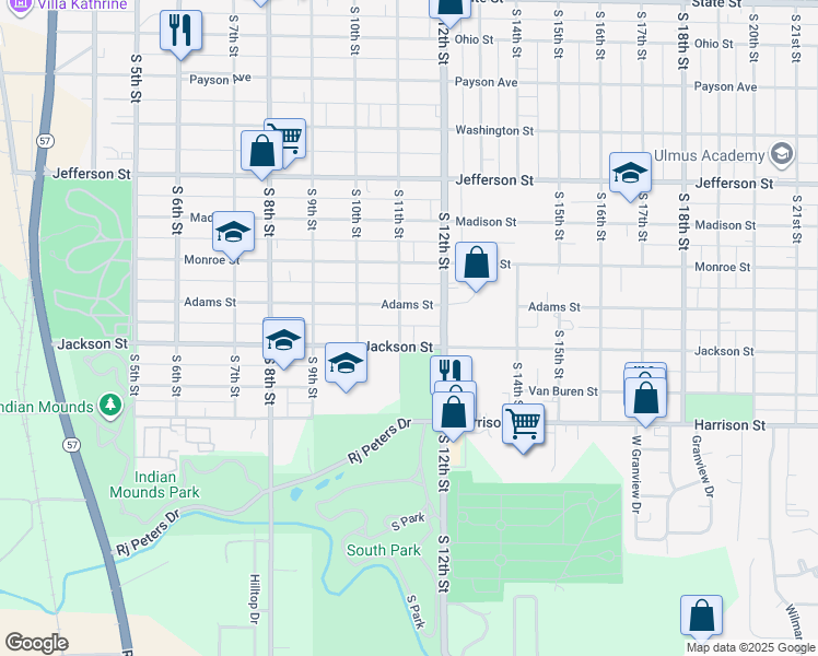 map of restaurants, bars, coffee shops, grocery stores, and more near 1223 South 11th Street in Quincy
