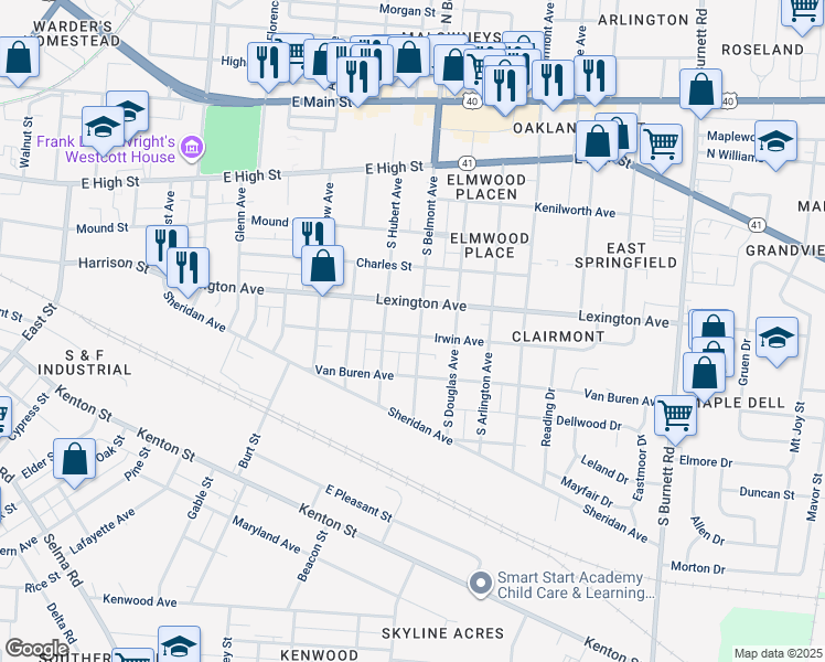 map of restaurants, bars, coffee shops, grocery stores, and more near 423 South Belmont Avenue in Springfield