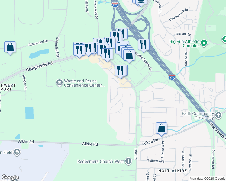 map of restaurants, bars, coffee shops, grocery stores, and more near 1842 Berrancher Drive in Columbus