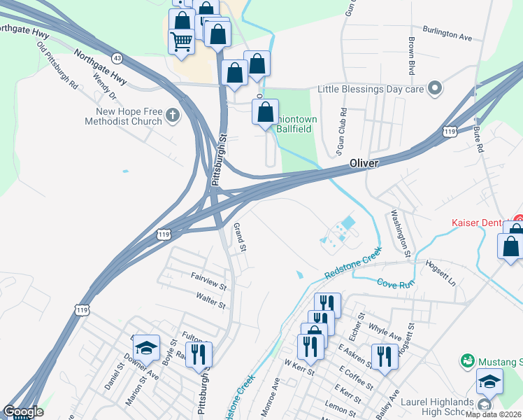map of restaurants, bars, coffee shops, grocery stores, and more near 69 Romeo Lane in Uniontown