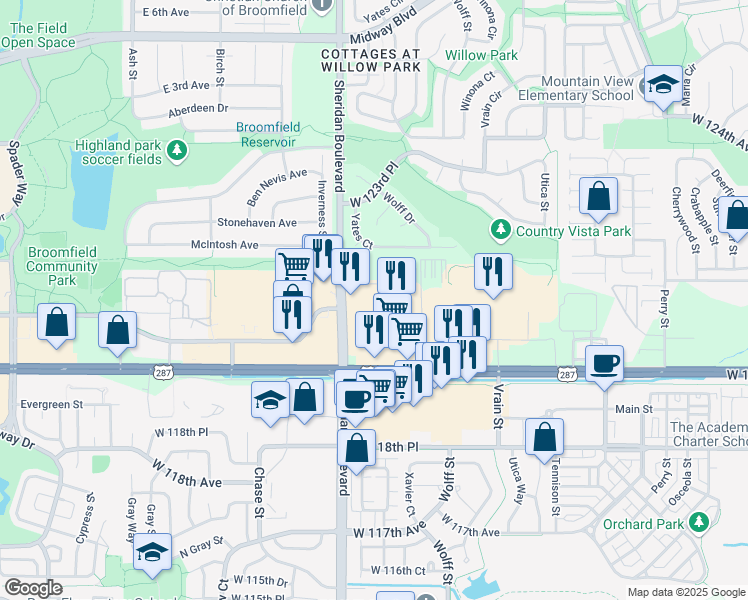 map of restaurants, bars, coffee shops, grocery stores, and more near 5125 West 120th Avenue in Broomfield