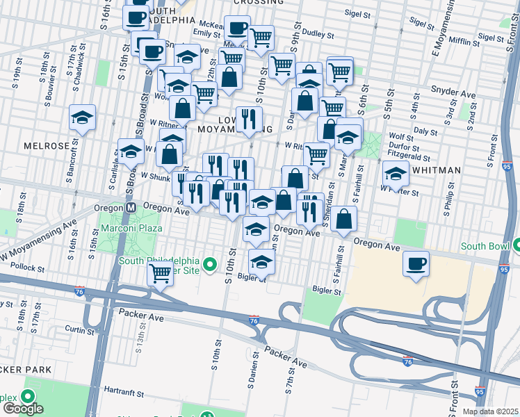 map of restaurants, bars, coffee shops, grocery stores, and more near 2629 South Percy Street in Philadelphia
