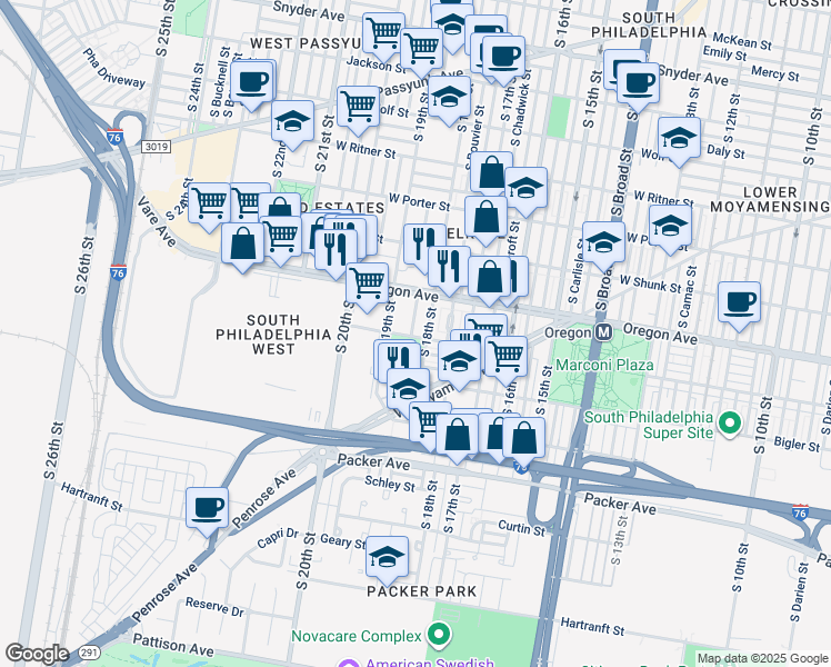 map of restaurants, bars, coffee shops, grocery stores, and more near 2751 South Cleveland Street in Philadelphia