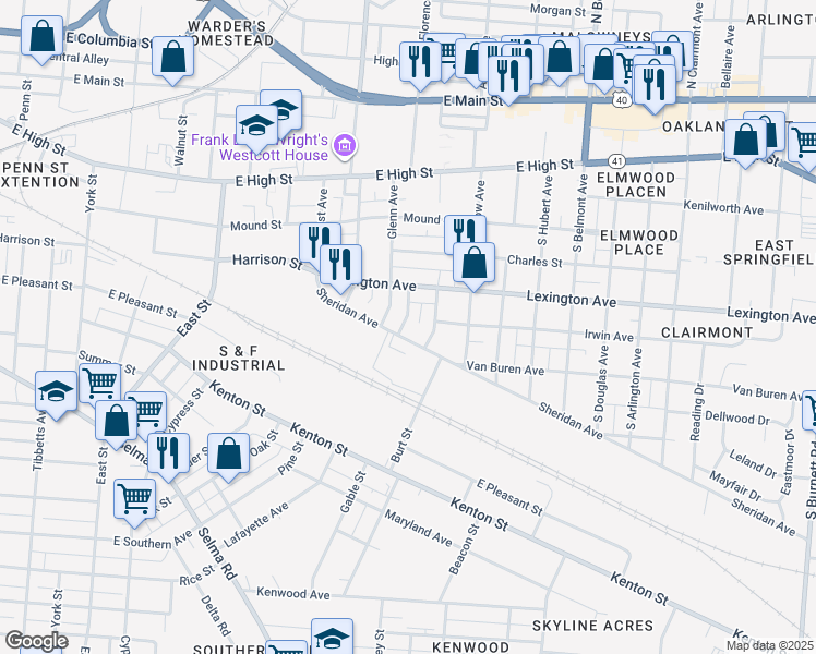 map of restaurants, bars, coffee shops, grocery stores, and more near 427 Willard Avenue in Springfield