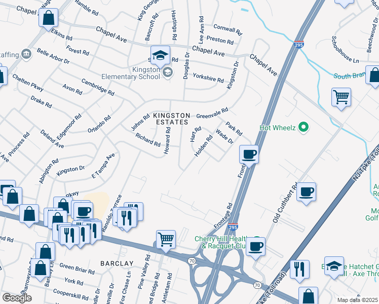 map of restaurants, bars, coffee shops, grocery stores, and more near 125 Hart Road in Cherry Hill