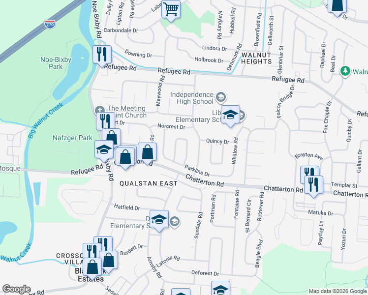 map of restaurants, bars, coffee shops, grocery stores, and more near 2977 Upton Road East in Columbus