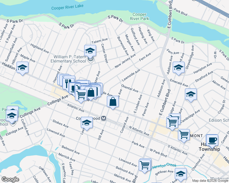 map of restaurants, bars, coffee shops, grocery stores, and more near 118 Lawnside Avenue in Collingswood