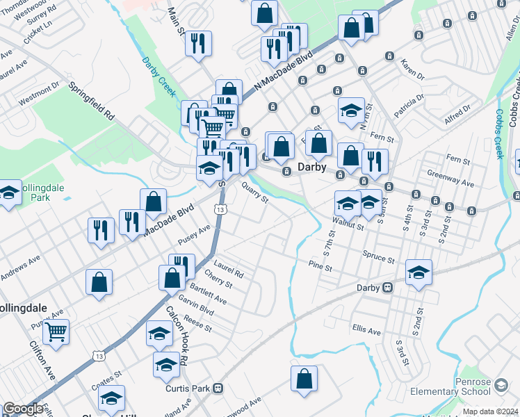 map of restaurants, bars, coffee shops, grocery stores, and more near 212 Hamilton Avenue in Darby