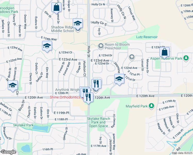 map of restaurants, bars, coffee shops, grocery stores, and more near 5703 East 121st Place in Brighton