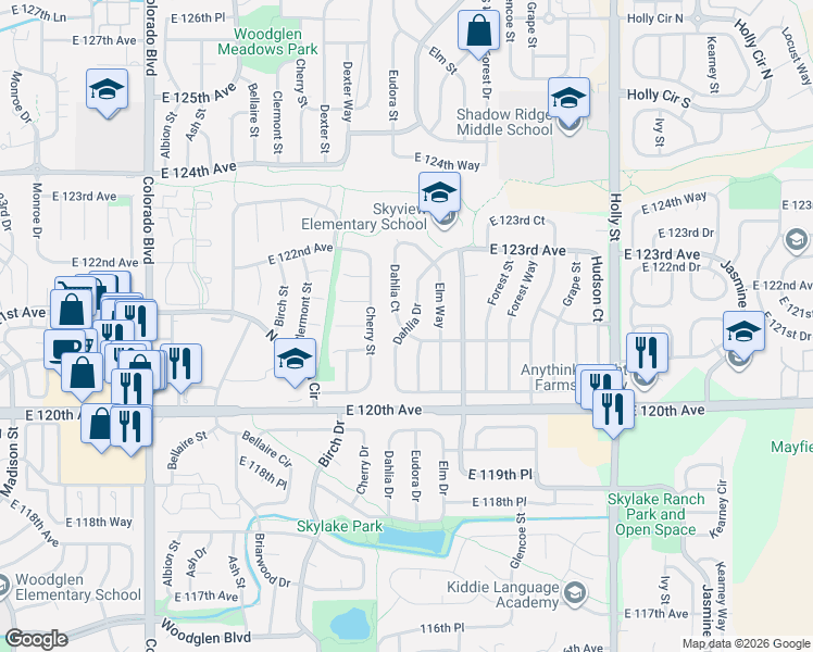map of restaurants, bars, coffee shops, grocery stores, and more near 12142 Dahlia Drive in Thornton