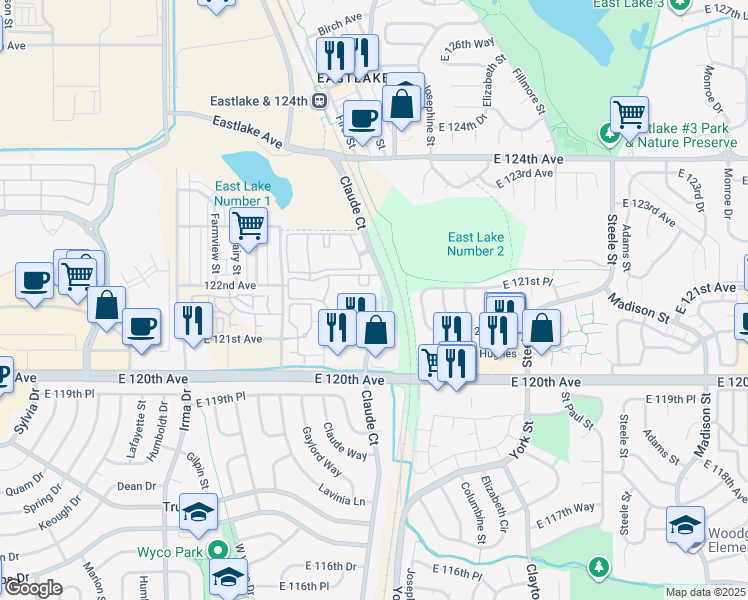 map of restaurants, bars, coffee shops, grocery stores, and more near 12255 Claude Court in Northglenn