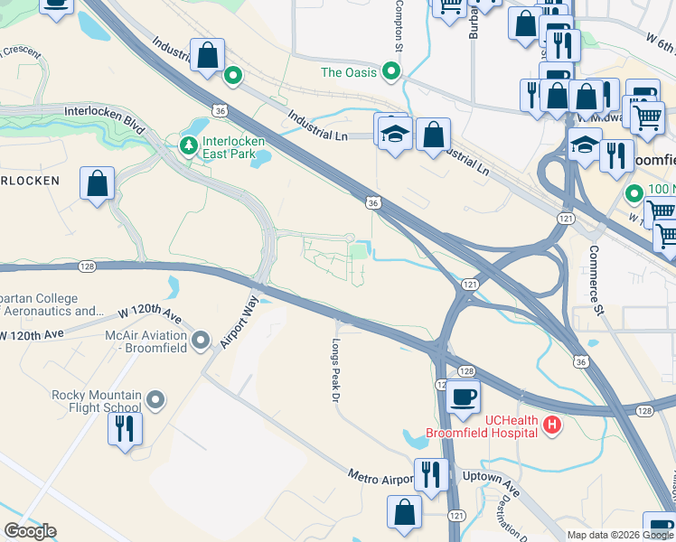 map of restaurants, bars, coffee shops, grocery stores, and more near 120 Edgeview Drive in Broomfield