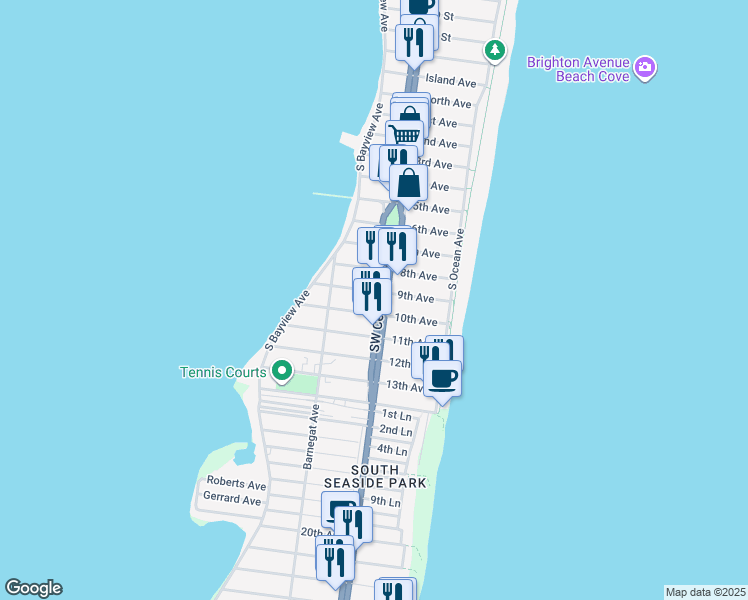 map of restaurants, bars, coffee shops, grocery stores, and more near 120 10th Avenue in Seaside Park
