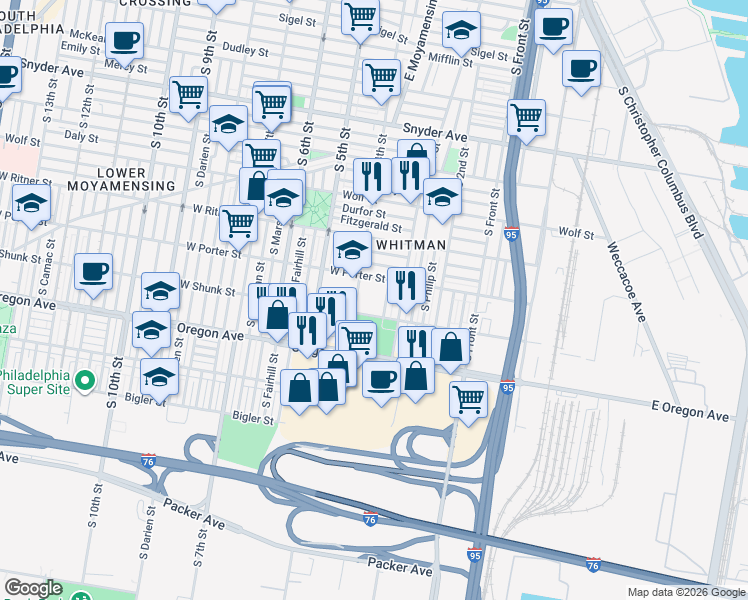 map of restaurants, bars, coffee shops, grocery stores, and more near 408 Vollmer Street in Philadelphia