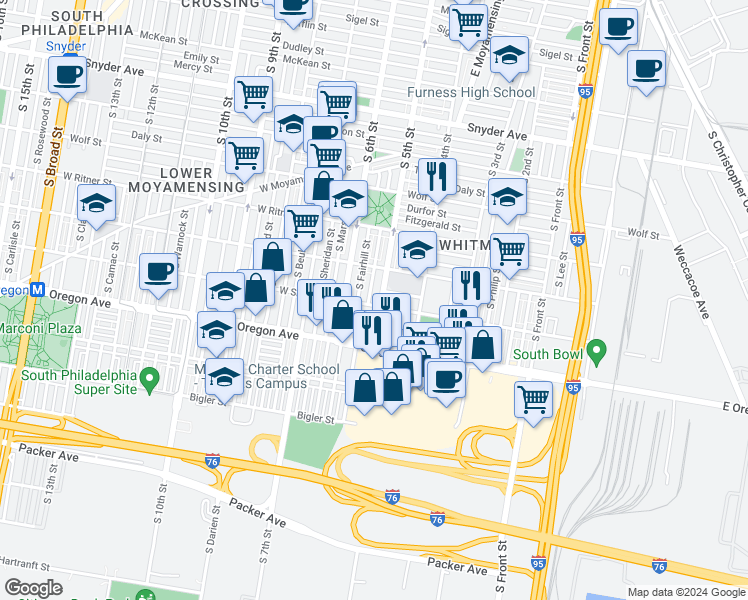 map of restaurants, bars, coffee shops, grocery stores, and more near 445 West Shunk Street in Philadelphia
