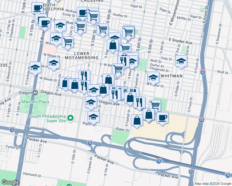 map of restaurants, bars, coffee shops, grocery stores, and more near 2611 South Franklin Street in Philadelphia