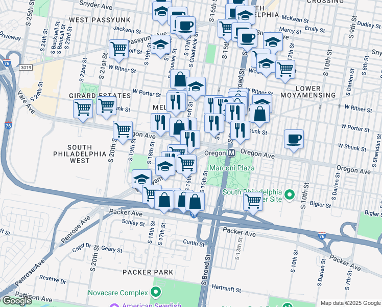 map of restaurants, bars, coffee shops, grocery stores, and more near 2723 South Mole Street in Philadelphia
