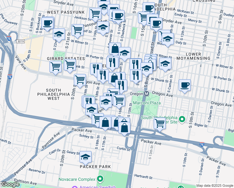 map of restaurants, bars, coffee shops, grocery stores, and more near 2729 South Smedley Street in Philadelphia