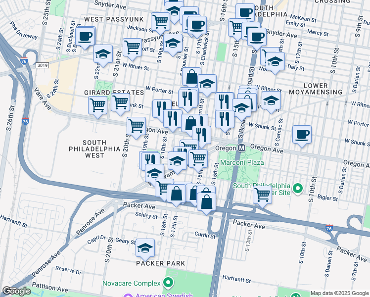 map of restaurants, bars, coffee shops, grocery stores, and more near 2735 South 17th Street in Philadelphia