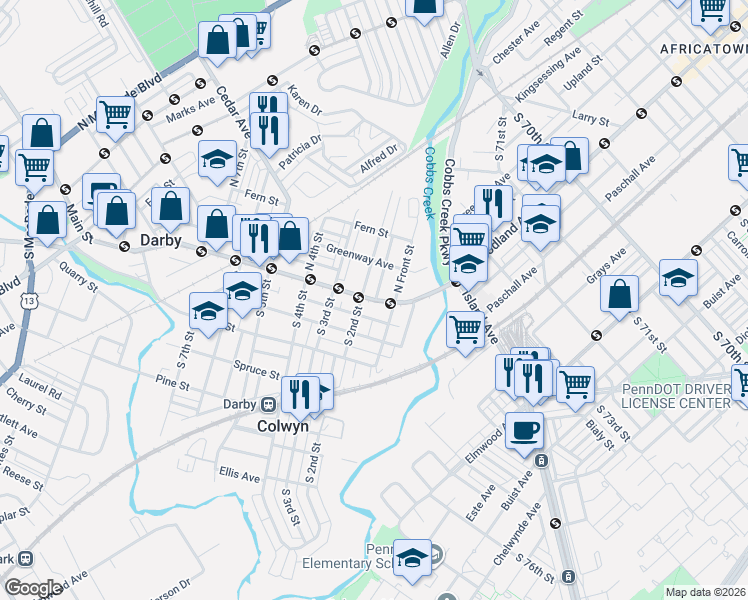 map of restaurants, bars, coffee shops, grocery stores, and more near 124 Main Street in Darby
