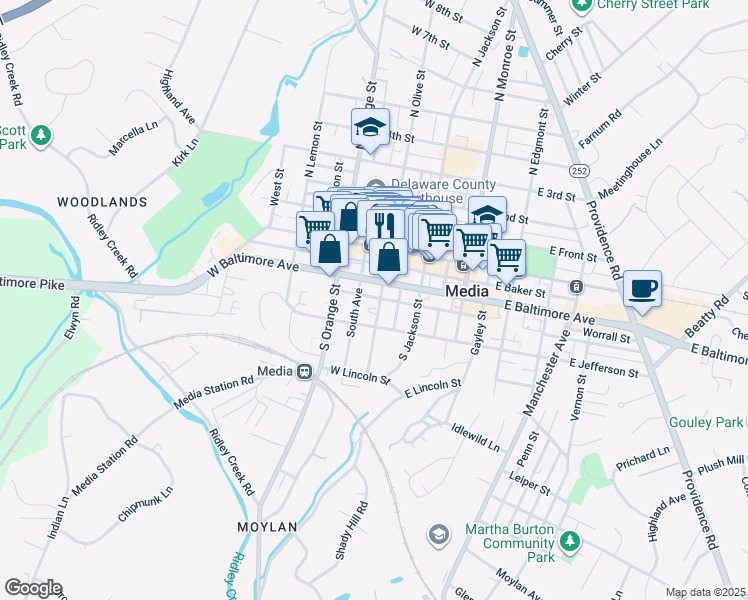 map of restaurants, bars, coffee shops, grocery stores, and more near 300 South Olive Street in Media
