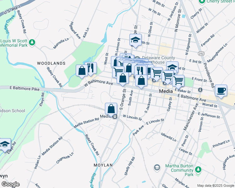 map of restaurants, bars, coffee shops, grocery stores, and more near 377 West Jefferson Street in Media