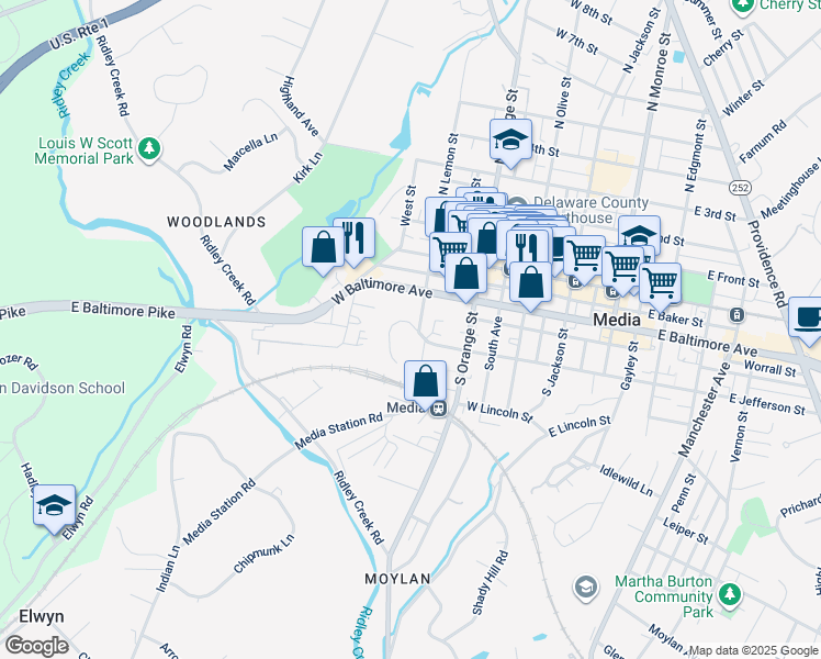 map of restaurants, bars, coffee shops, grocery stores, and more near 408 West Jefferson Street in Media
