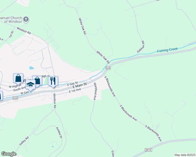 map of restaurants, bars, coffee shops, grocery stores, and more near 108 East Main Street in Windsor